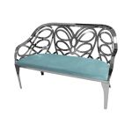 Reflection butterfly loveseat with silver metal cutout backrest and Tiffany Blue velvet seat cushion, elegant modern seating for upscale events.