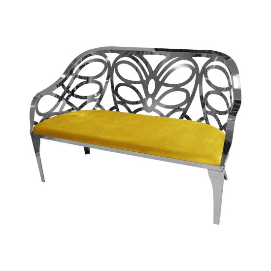 Reflection butterfly loveseat with silver metal cutout backrest and Yellow velvet seat cushion, elegant modern seating for upscale events.