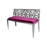 Reflection laser-cut loveseat with silver metal scrollwork back and Magenta velvet seat cushion, modern luxury seating for weddings and events.