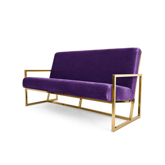 Eggplant velvet Reflection Rain sofa with sleek gold metal frame and minimalist design, modern luxury lounge seating for weddings and events.