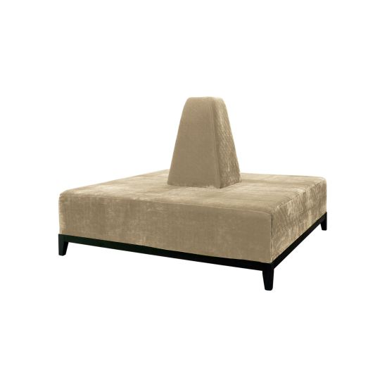 Square Champangne banquette with upholstered seating and center cone backrest on black legs, modern lounge seating rental for events and parties.
