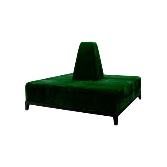 Square Emerald Green banquette with plush upholstered seating and cone center backrest, modern lounge seating rental for weddings and events.