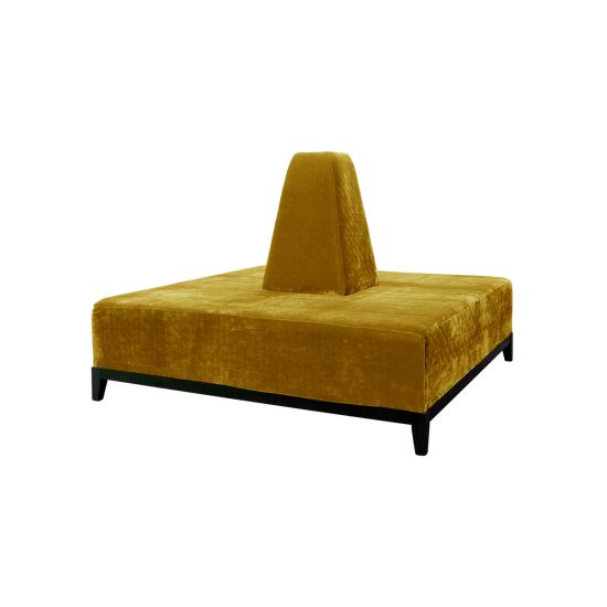 Square Gold banquette with plush upholstered seating and cone center backrest, modern lounge seating rental for weddings and events.