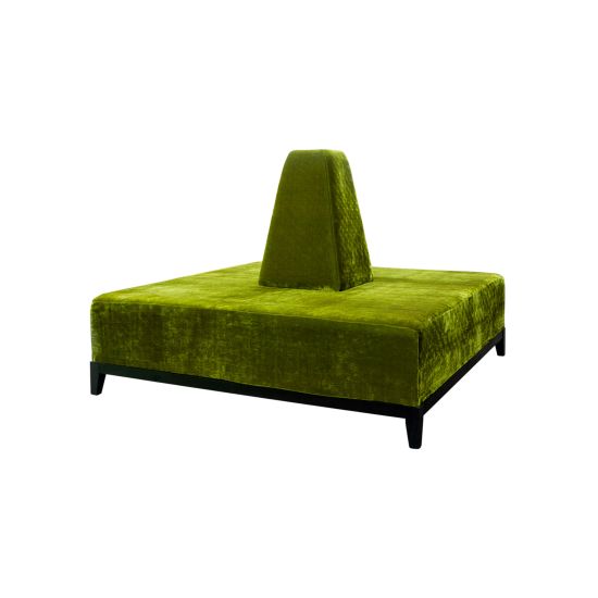 Square Moss banquette with plush upholstered seating and cone center backrest, modern lounge seating rental for weddings and events.