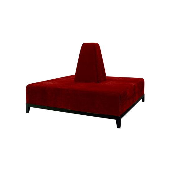 Square Red banquette with plush upholstered seating and cone center backrest, modern lounge seating rental for weddings and events.