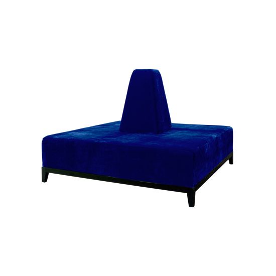 Square Royal Blue banquette with plush upholstered seating and cone center backrest, modern lounge seating rental for weddings and events.