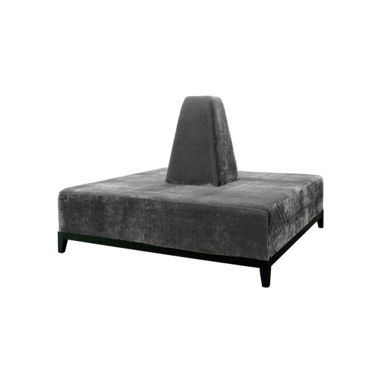 Square Silver banquette with plush upholstered seating and cone center backrest, modern lounge seating rental for weddings and events.
