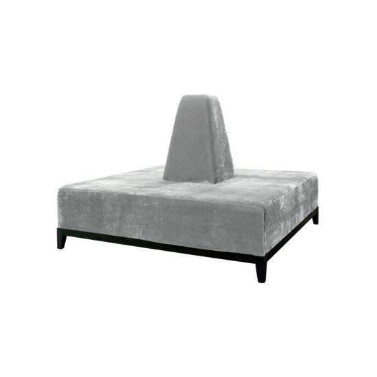 Square White banquette with plush upholstered seating and cone center backrest, modern lounge seating rental for weddings and events.