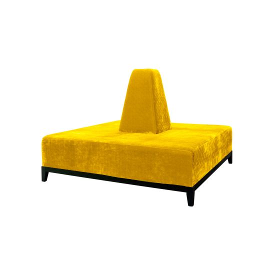 Square Yellow banquette with plush upholstered seating and cone center backrest, modern lounge seating rental for weddings and events.