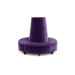Eggplant velvet round banquette with curved seating and cone center backrest, luxury lounge seating rental for weddings and events.