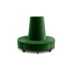 Emerald Green velvet round banquette with curved seating and cone center backrest, luxury lounge seating rental for weddings and events.