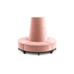Light Pink velvet round banquette with curved seating and cone center backrest, luxury lounge seating rental for weddings and events.