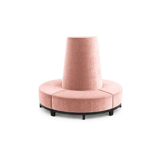 Light Pink velvet round banquette with curved seating and cone center backrest, luxury lounge seating rental for weddings and events.