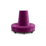 Magenta velvet round banquette with curved seating and cone center backrest, luxury lounge seating rental for weddings and events.