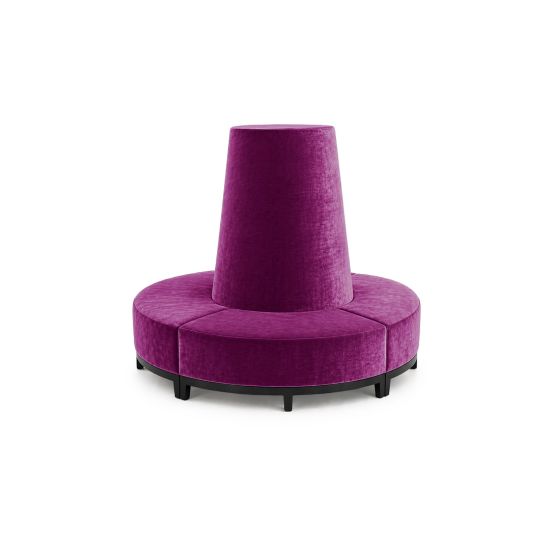 Magenta velvet round banquette with curved seating and cone center backrest, luxury lounge seating rental for weddings and events.
