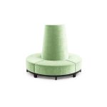 Mint velvet round banquette with curved seating and cone center backrest, luxury lounge seating rental for weddings and events.