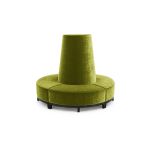 Moss velvet round banquette with curved seating and cone center backrest, luxury lounge seating rental for weddings and events.