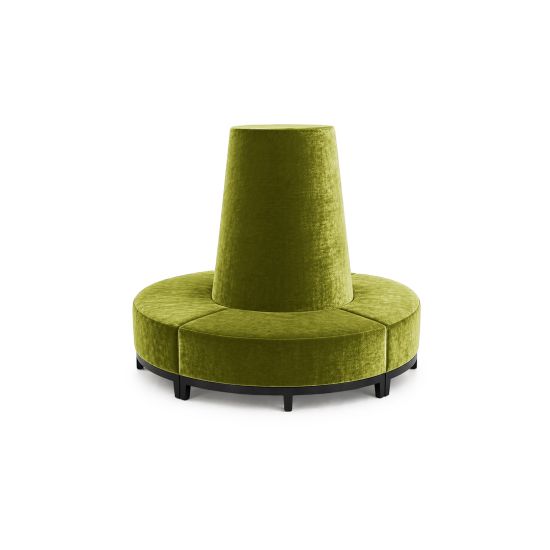 Moss velvet round banquette with curved seating and cone center backrest, luxury lounge seating rental for weddings and events.