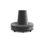 Silver velvet round banquette with curved seating and cone center backrest, luxury lounge seating rental for weddings and events.