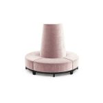 Rose Gold velvet round banquette with curved seating and cone center backrest, luxury lounge seating rental for weddings and events.