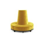 Yellow velvet round banquette with curved seating and cone center backrest, luxury lounge seating rental for weddings and events.