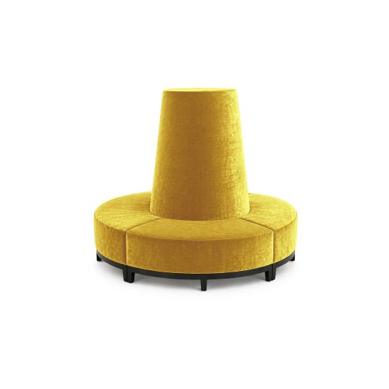 Yellow velvet round banquette with curved seating and cone center backrest, luxury lounge seating rental for weddings and events.