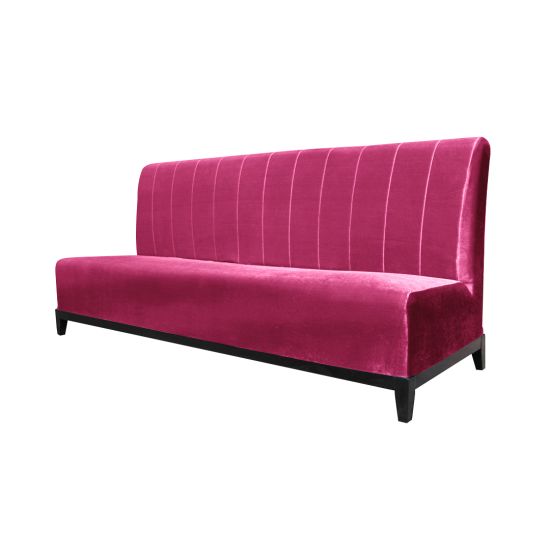 Velvet Sofa 7' in hot pink velvet with vertical channel lines and straight backrest on slim legs, bold lounge seating for events.