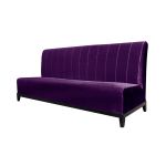 Velvet Sofa 7' in eggplant purple velvet with vertical channel lines and straight backrest, statement lounge seating for events.