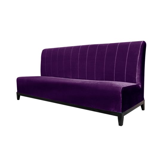 Velvet Sofa 7' in eggplant purple velvet with vertical channel lines and straight backrest, statement lounge seating for events.