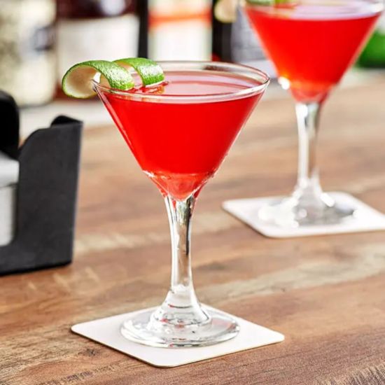 Clear martini glass with V-shaped bowl and stem, elegant cocktail glassware for weddings and event bar service, rack of 9.