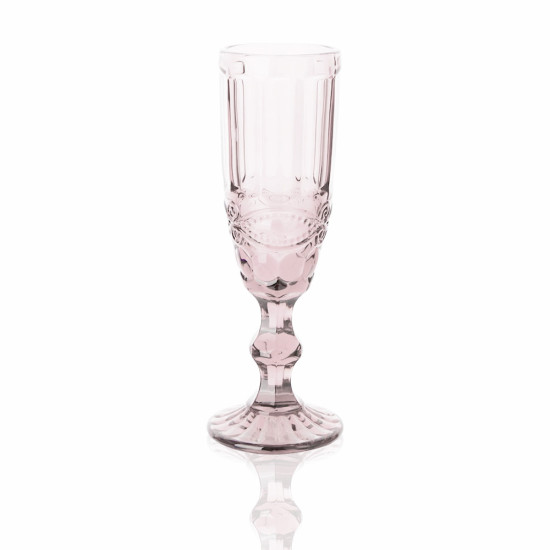 Bella pink champagne flute with textured glass and short stem, elegant event glassware for weddings and toasts, supplied in racks of 36.
