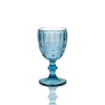 Bella blue wine glass with textured bowl and short stem, elegant event glassware for weddings and parties, 8 oz, rack of 25.