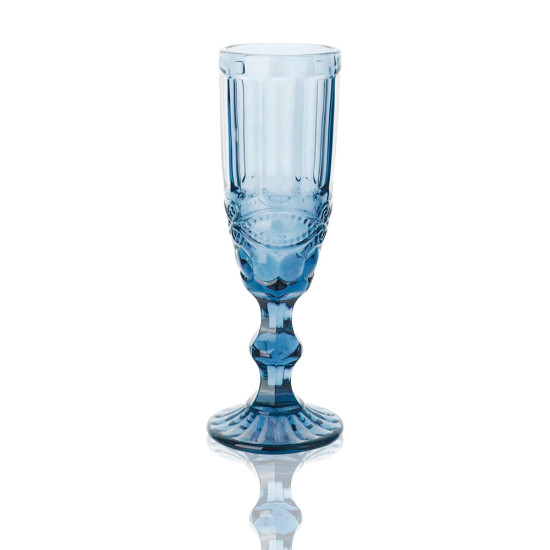Bella blue champagne flute with textured glass and short stem, elegant event glassware for weddings and toasts, supplied in racks of 36.