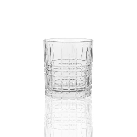 Clear patterned rocks glass with square-grid texture, classic cocktail glassware for events, bar service, and whiskey or mixed drinks.
