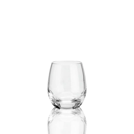 Clear stemless wine glass with rounded bowl, 11 oz reusable glassware for parties, weddings, and event bar service, rack of 25.
