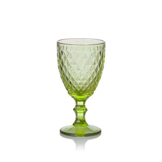 Capri olive green wine glass with textured diamond pattern and short stem, elegant event glassware for weddings and bar service, rack of 25.
