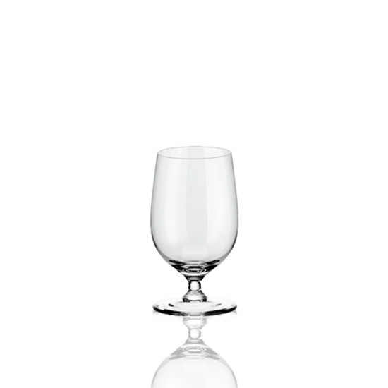 Clear water goblet with short stem, 9.5 oz event glassware for dinner tables, receptions, and catered service, rack of 25.
