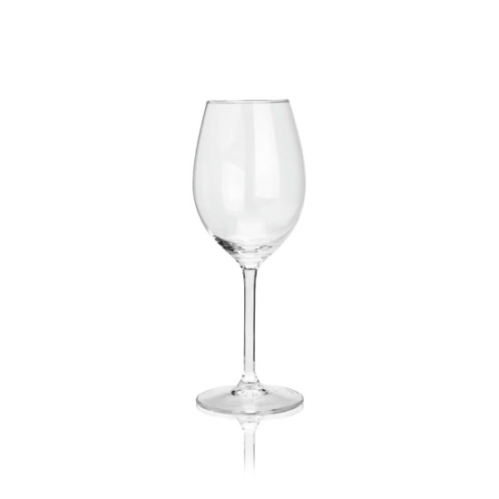 Clear white wine glass with stem and tapered bowl, 9 oz event glassware for weddings, dinners, and bar setups, rack of 25.