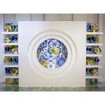 White square panel backdrop with layered circular cutout center, modern geometric feature wall for weddings, photo ops, and event décor.