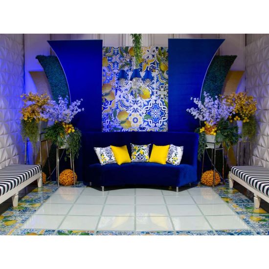 Maze bench with navy-and-white striped cushion and white base, modern lounge seating for outdoor events, weddings, and parties.