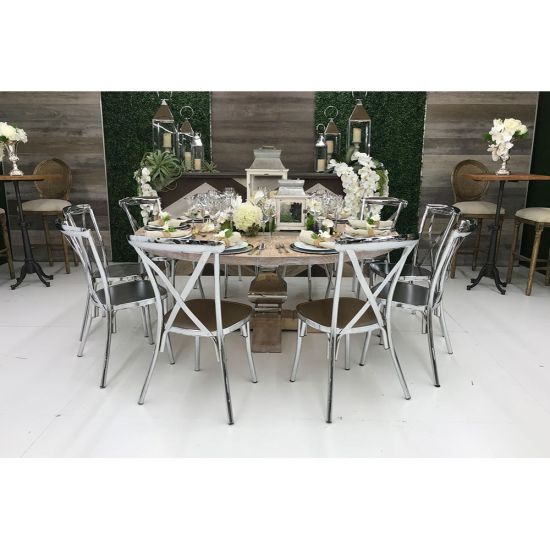 Silver metal cross-back armless banquet chair with white seat cushion