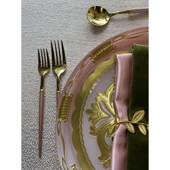 Gold dinner fork with rose gold handle, modern flatware for weddings, receptions, and upscale event table settings.
