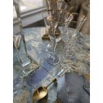 Clear geometric champagne goblet with gold rim and stem, modern event glassware for weddings and toasts, supplied in a rack of 25.