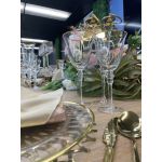 Clear geometric champagne goblet with gold rim and stem, modern event glassware for weddings and toasts, supplied in a rack of 25.