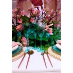 Gold dinner fork with rose gold handle, modern flatware for weddings, receptions, and upscale event table settings.