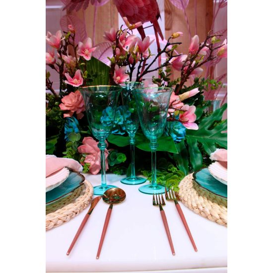 Gold dinner fork with rose gold handle, modern flatware for weddings, receptions, and upscale event table settings.