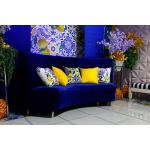 White throw pillow with blue Mediterranean tile pattern and yellow lemon branches, coastal Italian-inspired accent cushion for event lounge décor.
