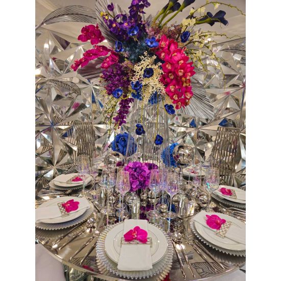 Iridescent champagne goblet with rainbow sheen and ribbed bowl, elegant event glassware for weddings and toasts, supplied in a rack of 36.