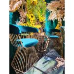 Art Deco Reflection accent chair with tiffany blue velvet seat and curved back, gold metal wire frame, luxury lounge seating for weddings and events.