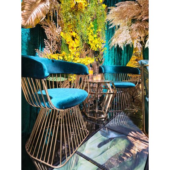Art Deco Reflection accent chair with tiffany blue velvet seat and curved back, gold metal wire frame, luxury lounge seating for weddings and events.